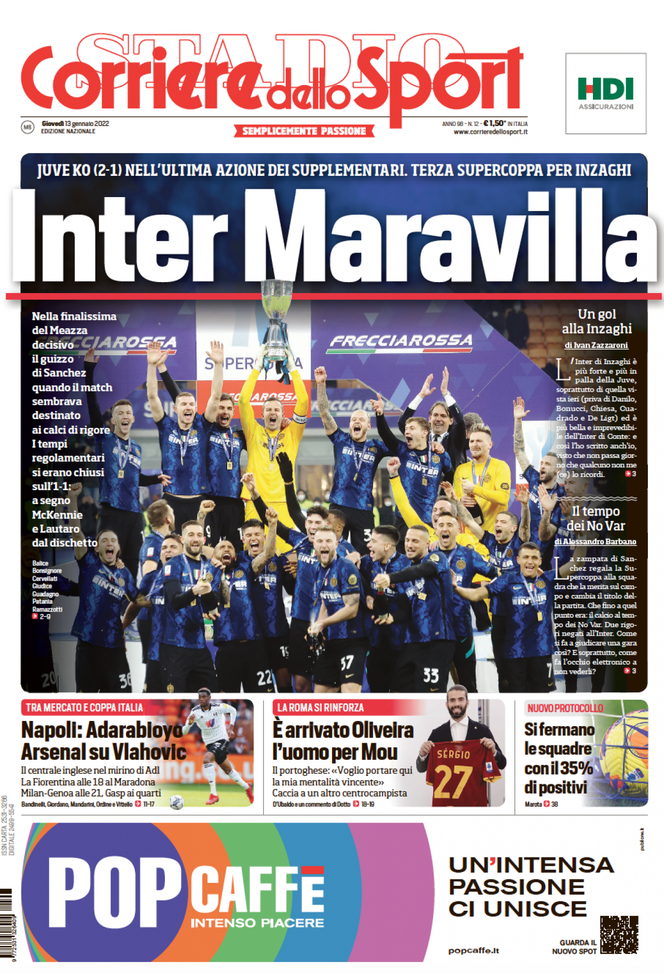 Prima Pagina, Corriere dello Sport: “Inter Maravilla. Arsenal su Vlahovic” - immagine 1