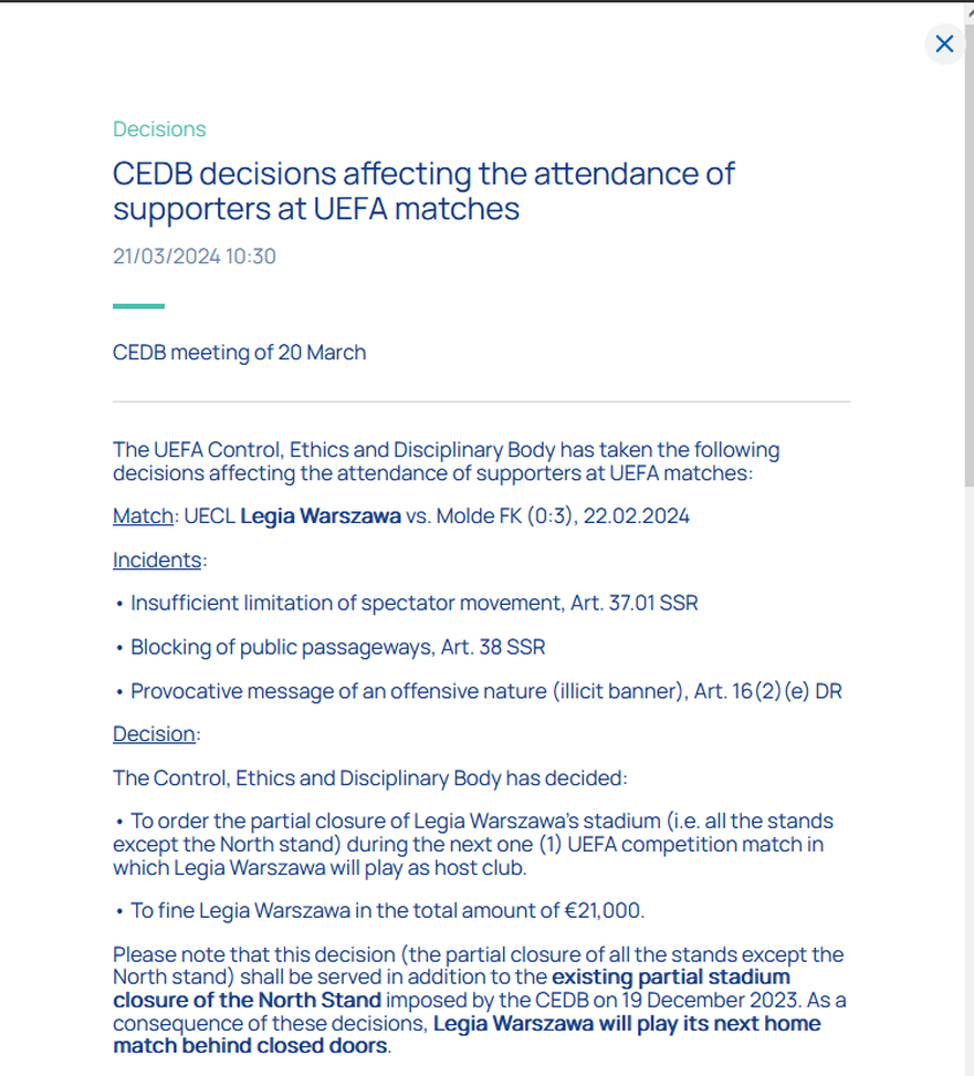 Conference League, UEFA punisce Legia Varsavia: una gara con stadio a porte chiuse- immagine 2