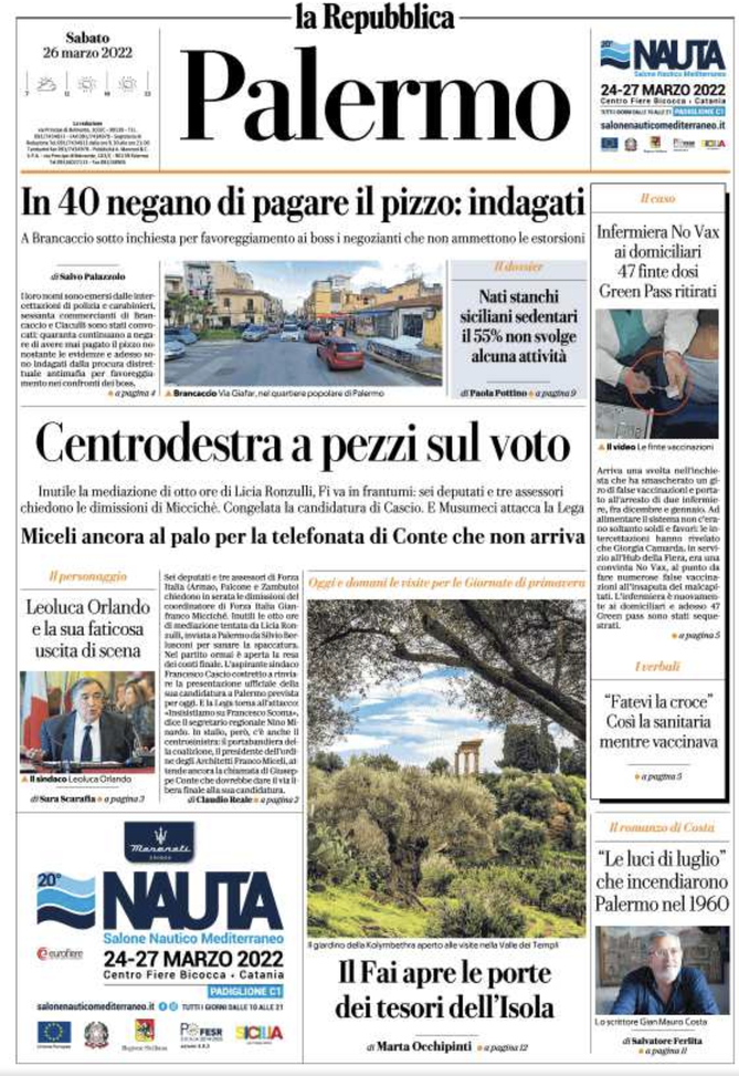 Prima Pagina, La Repubblica-Palermo: “Centrodestra a pezzi sul voto” prima pagina