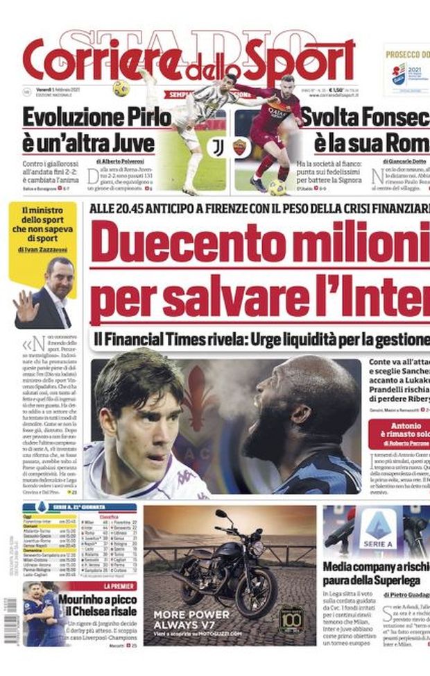 Prima Pagina, Corriere dello Sport: “Duecento milioni per salvare l&#8217;Inter. Evoluzione Pirlo, svolta Fonseca&#8221; 