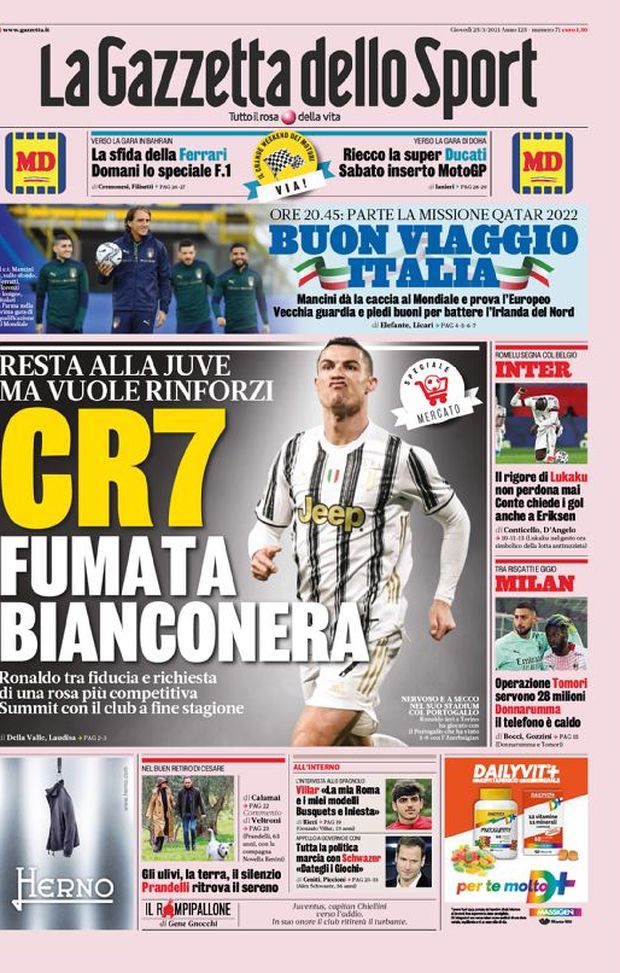 Prima Pagina, La Gazzetta dello Sport: “CR7, fumata bianconera. Resta alla Juve ma vuole rinforzi. Buon viaggio Italia” 