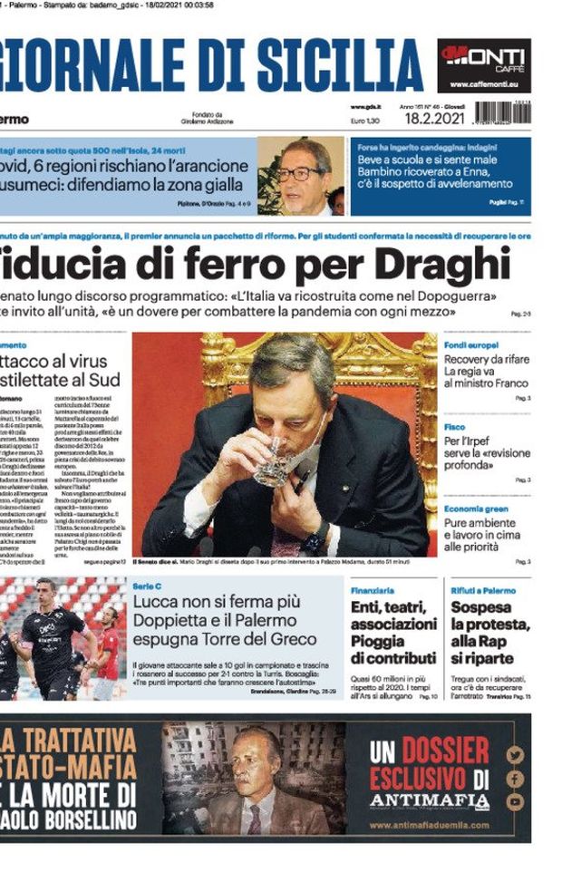 Prima Pagina, Giornale di Sicilia: “Fiducia di ferro di per Draghi. Lucca non si ferma più” Prima Pagina, Giornale di Sicilia: “Fiducia di ferro di per Draghi. Lucca non si ferma più”