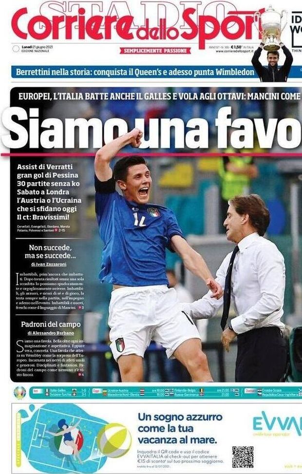 Prima Pagina, Corriere dello Sport: “Siamo una favola! Battuto anche il Galles” 