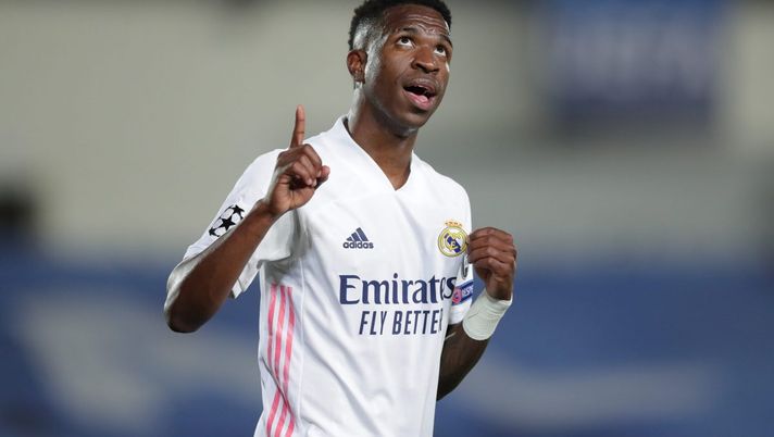 MADRID, SPAIN - APRIL 06: Vinicius Junior of Real Madrid CF celebrates scoring their third goal during the UEFA Champions League Quarter Final match between Real Madrid and Liverpool FC at Estadio Alfredo Di Stefano on April 06, 2021 in Madrid, Spain. Sporting stadiums around Spain remain under strict restrictions due to the Coronavirus Pandemic as Government social distancing laws prohibit fans inside venues resulting in games being played behind closed doors. (Photo by Gonzalo Arroyo Moreno/Getty Images) MADRID, SPAIN - APRIL 06: Vinicius Junior of Real Madrid CF celebrates scoring their third goal during the UEFA Champions League Quarter Final match between Real Madrid and Liverpool FC at Estadio Alfredo Di Stefano on April 06, 2021 in Madrid, Spain. Sporting stadiums around Spain remain under strict restrictions due to the Coronavirus Pandemic as Government social distancing laws prohibit fans inside venues resulting in games being played behind closed doors. (Photo by Gonzalo Arroyo Moreno/Getty Images)