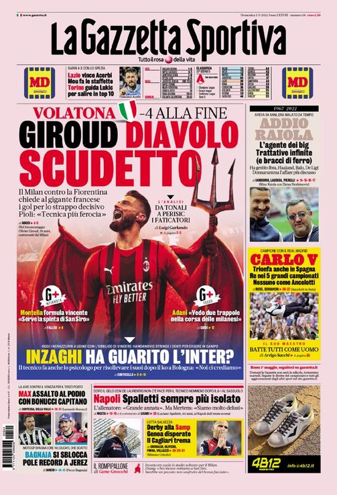 Prima Pagina, La Gazzetta dello Sport: “Giroud Diavolo Scudetto. Addio Raiola”  Prima Pagina, La Gazzetta dello Sport: “Giroud Diavolo Scudetto. Addio Raiola” - immagine 1