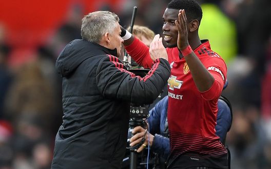 MANCHESTER, ENGLAND - APRIL 13: Ole Gunnar Solskjaer, Manager of Manchester United celebrates with Paul Pogba of Manchester United at full-time of the Premier League match between Manchester United and West Ham United at Old Trafford on April 13, 2019 in Manchester, United Kingdom. (Photo by Gareth Copley/Getty Images) MANCHESTER, ENGLAND - APRIL 13: Ole Gunnar Solskjaer, Manager of Manchester United celebrates with Paul Pogba of Manchester United at full-time of the Premier League match between Manchester United and West Ham United at Old Trafford on April 13, 2019 in Manchester, United Kingdom. (Photo by Gareth Copley/Getty Images)