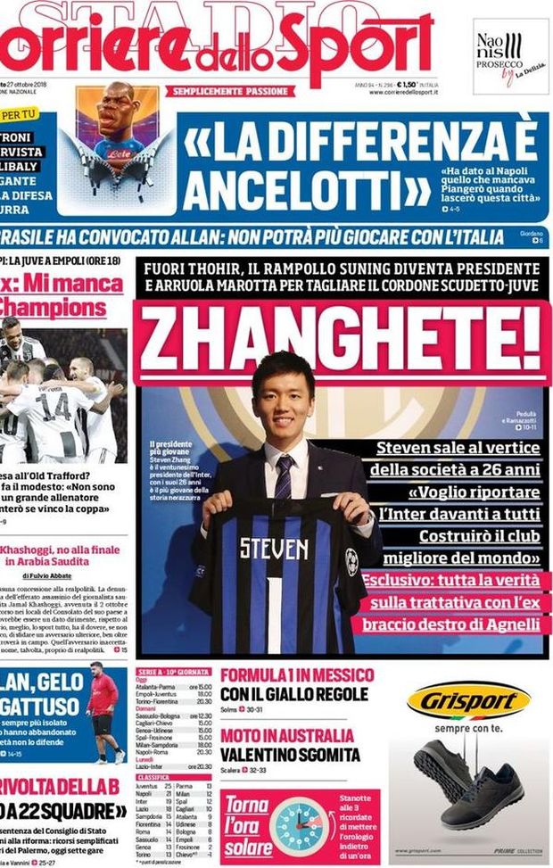 Prima Pagina, Corriere dello Sport: “Zhanghete! Koulibaly: ‘La differenza è Ancelotti’. Gelo su Gattuso. La rivolta della B…” Prima Pagina, Corriere dello Sport: “Zhanghete! Koulibaly: ‘La differenza è Ancelotti’. Gelo su Gattuso. La rivolta della B…”