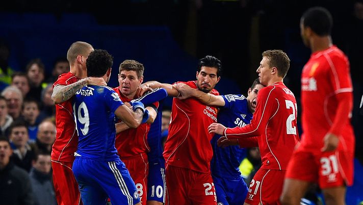 LONDON, ENGLAND - JANUARY 27: Diego Costa of Chelsea clashes with Steven Gerrard and Emre Can of Liverpool during the Capital One Cup Semi-Final second leg between Chelsea and Liverpool at Stamford Bridge on January 27, 2015 in London, England. (Photo by Mike Hewitt/Getty Images) LONDON, ENGLAND - JANUARY 27: Diego Costa of Chelsea clashes with Steven Gerrard and Emre Can of Liverpool during the Capital One Cup Semi-Final second leg between Chelsea and Liverpool at Stamford Bridge on January 27, 2015 in London, England. (Photo by Mike Hewitt/Getty Images)