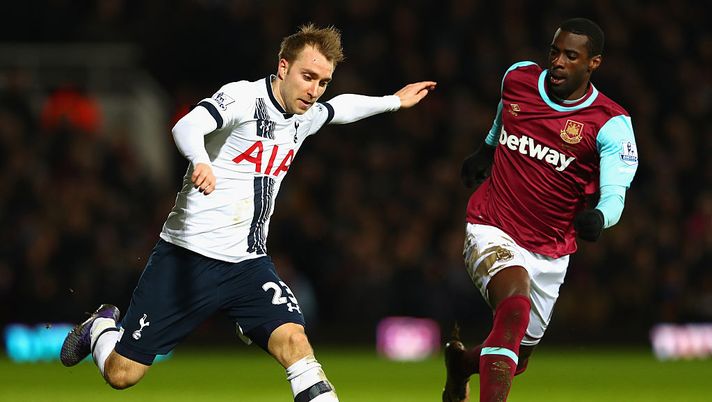 LONDON, ENGLAND - MARCH 02: Christian Eriksen of Tottenham Hotspur takes on Pedro Mba Obiang of West Ham United during the Barclays Premier League match between West Ham United and Tottenham Hotspur at Boleyn Ground on March 2, 2016 in London, England.  (Photo by Clive Rose/Getty Images) 