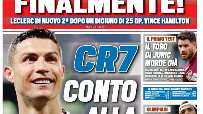 Prima Pagina, Tuttosport: &#8220;CR7, conto alla rovescia. Il Toro di Juric morde già&#8221;