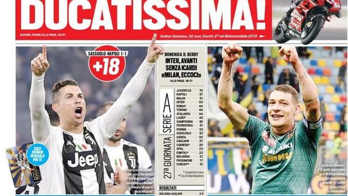 Prima Pagina, Tuttosport: “Ronaldo: ‘Io ci credo’. Eurostar Belotti. Follia a Foggia! Inter, avanti senza Icardi…” Prima Pagina, Tuttosport: “Ronaldo: ‘Io ci credo’. Eurostar Belotti. Follia a Foggia! Inter, avanti senza Icardi…”