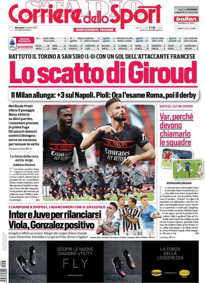EDICOLA CDS – Lo scatto di Giroud: il Milan allunga. Inter per rilanciarsi - immagine 1