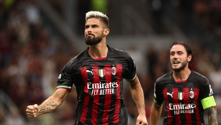 MILAN, ITALY - SEPTEMBER 14: Olivier Giroud of AC Milan celebrates after scoring the opening goal during the UEFA Champions League group E match between AC Milan and Dinamo Zagreb at Giuseppe Meazza Stadium on September 14, 2022 in Milan, Italy. (Photo by Marco Luzzani/Getty Images)