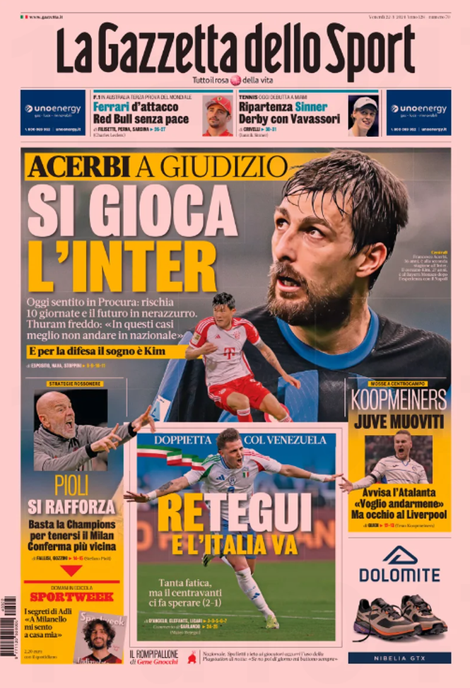 La prima pagina de La Gazzetta dello Sport 22/03/2024