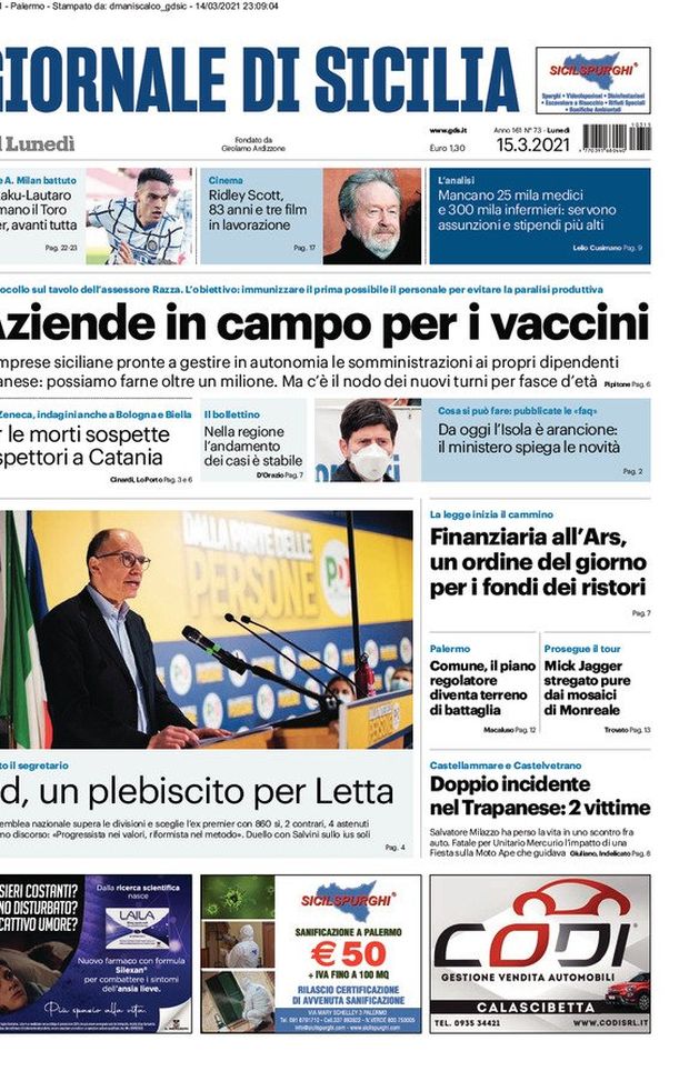Prima Pagina, Giornale di Sicilia: “Aziende in campo per i vaccini. Morti sospette, 5 ispettori a Catania”  Prima Pagina, Giornale di Sicilia: “Aziende in campo per i vaccini. Morti sospette, 5 ispettori a Catania”