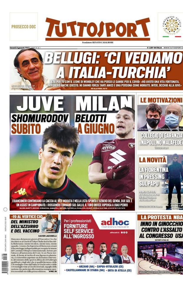 Prima Pagina, Tuttosport: “Juve, Shomurodov subito; Milan, Belotti a giugno. Papu, pressing Fiorentina” 