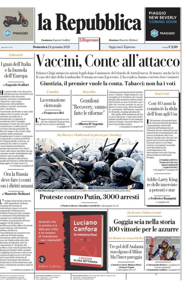 Prima Pagina, La Repubblica: “Vaccini, Conte all’attacco: il Premier vuole la conta”  Prima Pagina, La Repubblica: “Vaccini, Conte all’attacco: il Premier vuole la conta”