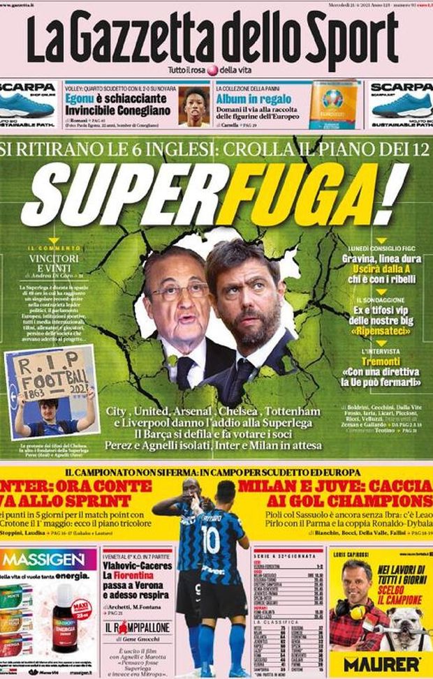 La Gazzetta dello Sport, la prima pagina di oggi, mercoledì 21 aprile 2021 