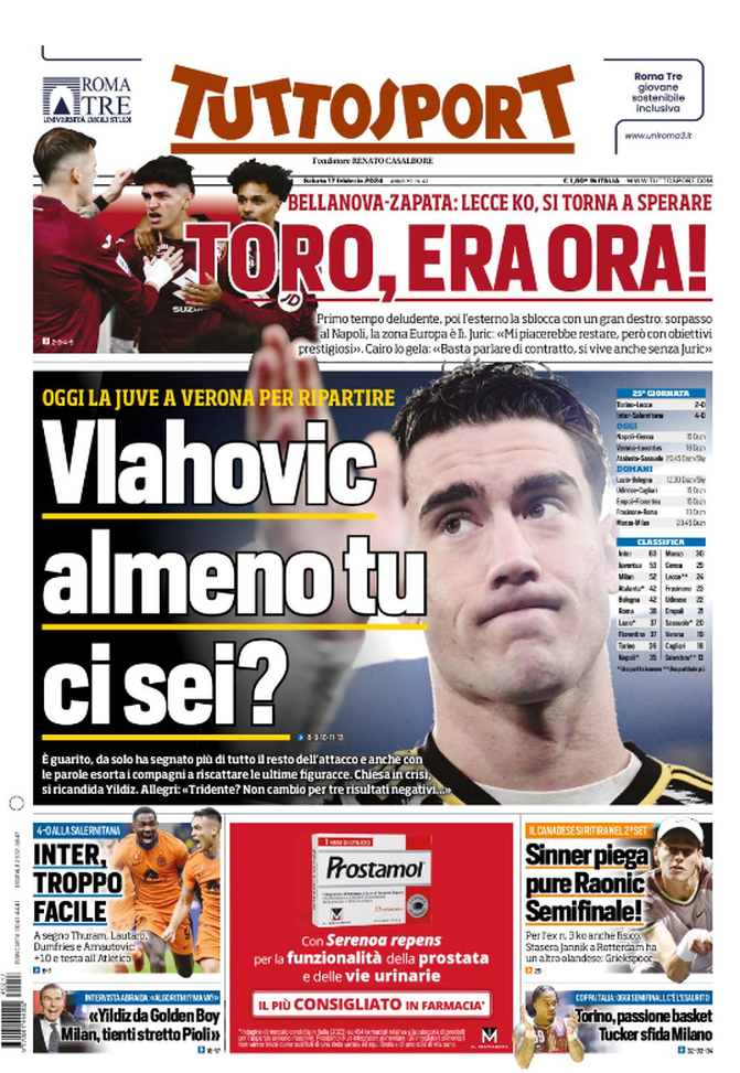 Prima Pagina Tuttosport 17-02-2024