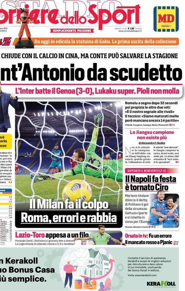 Prima Pagina, Corriere dello Sport: “Sant’Antonio da scudetto. Il Milan fa il colpo, Roma errori e rabbia” Prima Pagina, Corriere dello Sport: “Sant’Antonio da scudetto. Il Milan fa il colpo, Roma errori e rabbia”