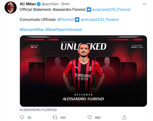 Florenzi (credit Twitter Milan) Florenzi (credit Twitter Milan)