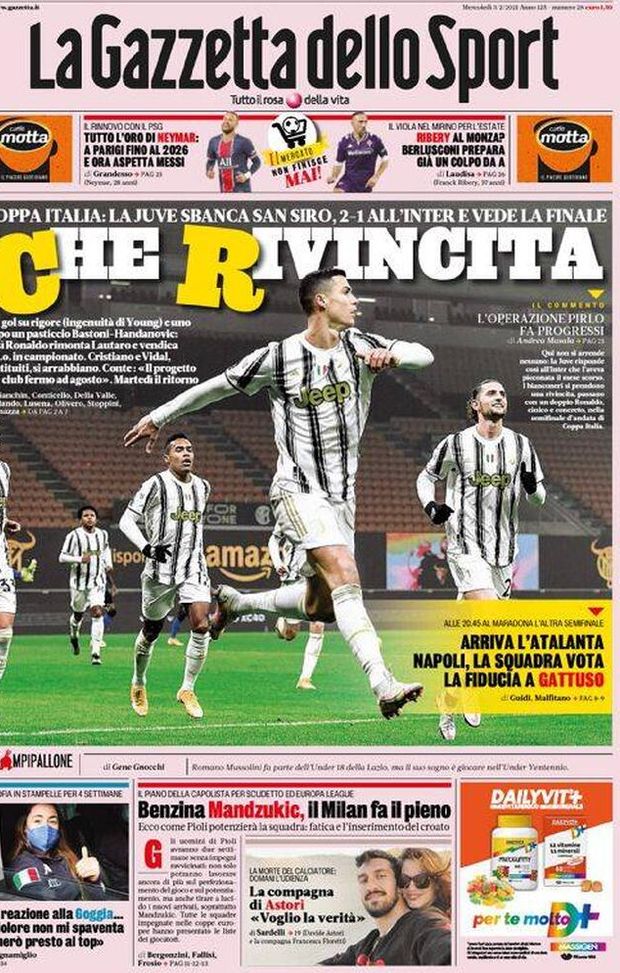  La Gazzetta dello Sport, la prima pagina di oggi, mercoledì 3 febbraio 2021 