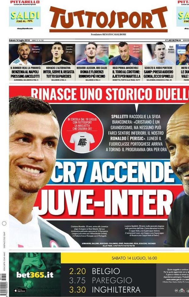 Prima Pagina, Tuttosport: “CR7 accende Juve-Inter. Benzema al Napoli. Inter, serve il regista: tutto su Paredes…” Prima Pagina, Tuttosport: “CR7 accende Juve-Inter. Benzema al Napoli. Inter, serve il regista: tutto su Paredes…”
