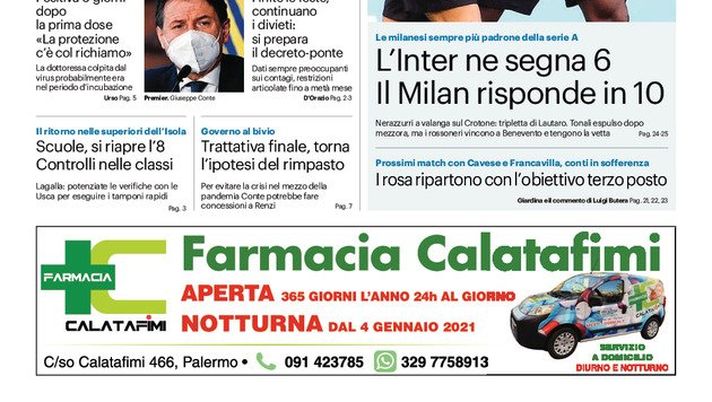 Prima Pagina, Giornale di Sicilia: &#8220;Vaccinazioni, in campo pure i medici in pensione&#8221; 
