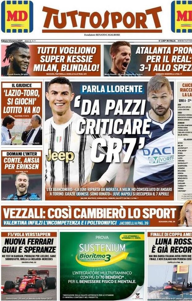  La prima pagina di Tuttosport, in edicola oggi 13 marzo 2021 