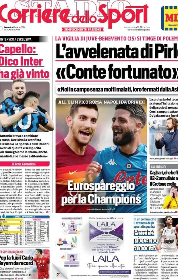 Il Corriere dello Sport, la prima pagina di oggi, domenica 21 marzo 2021 