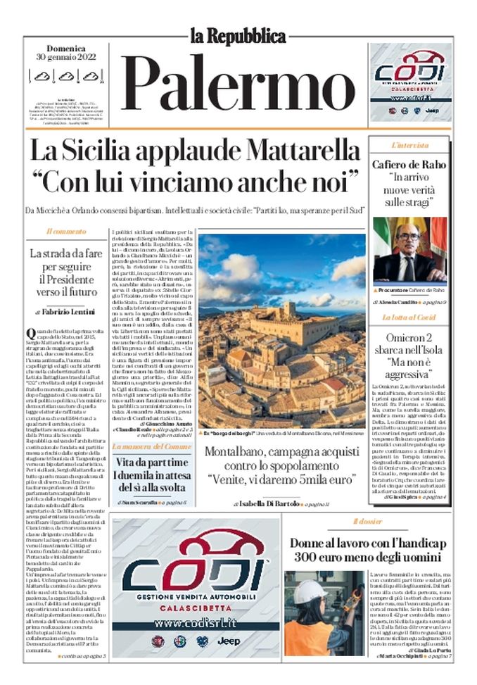 Prima Pagina, La Repubblica-Palermo: “La Sicilia applaude Mattarella”  Prima Pagina, La Repubblica-Palermo: “La Sicilia applaude Mattarella” - immagine 1
