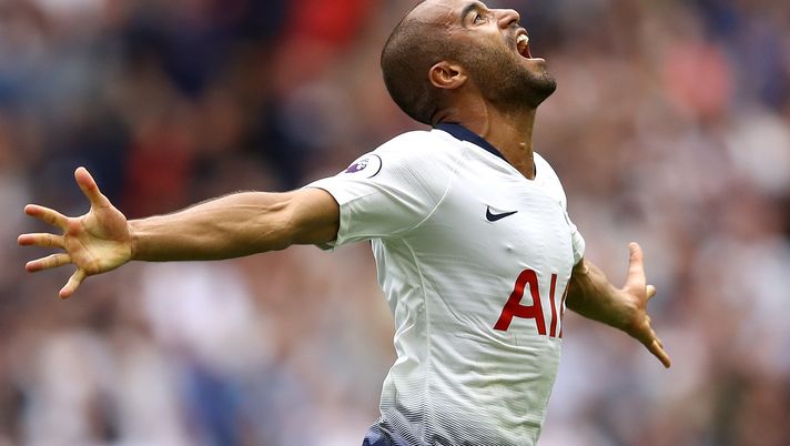 LONDON, ENGLAND - AUGUST 18:  Lucas Moura of Tottenham Hotspur celebrates after scoring his team's first goal during the Premier League match between Tottenham Hotspur and Fulham FC at Wembley Stadium on August 18, 2018 in London, United Kingdom.  (Photo by Dan Istitene/Getty Images)  LONDON, ENGLAND - AUGUST 18:  Lucas Moura of Tottenham Hotspur celebrates after scoring his team's first goal during the Premier League match between Tottenham Hotspur and Fulham FC at Wembley Stadium on August 18, 2018 in London, United Kingdom.  (Photo by Dan Istitene/Getty Images)