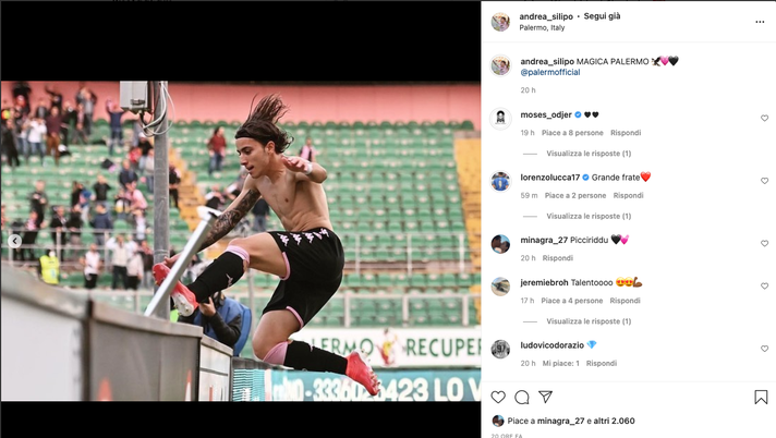 Palermo, Silipo vola: “Magica Palermo”. Il post Instagram del talento scuola Roma Silipo
