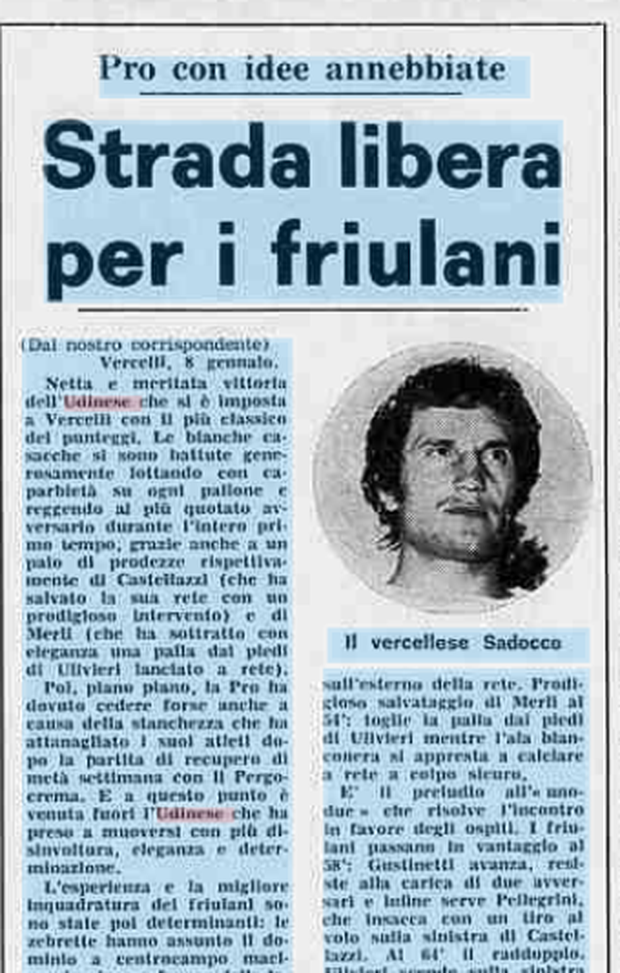 Accadde Oggi: 6/1/78 L’Udinese batte agevolmente la Pro Vercelli