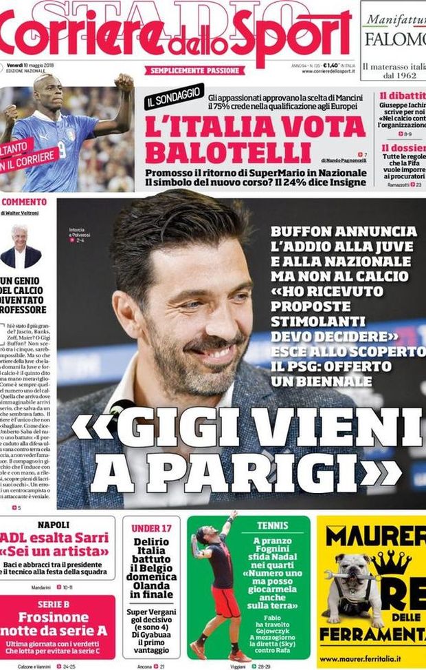 Prima Pagina, Corriere dello Sport: “Gigi vieni a Parigi. L’Italia vota Balotelli. Napoli, ADL esalta Sarri. Under 17, delirio Italia…” Prima Pagina, Corriere dello Sport: “Gigi vieni a Parigi. L’Italia vota Balotelli. Napoli, ADL esalta Sarri. Under 17, delirio Italia…”