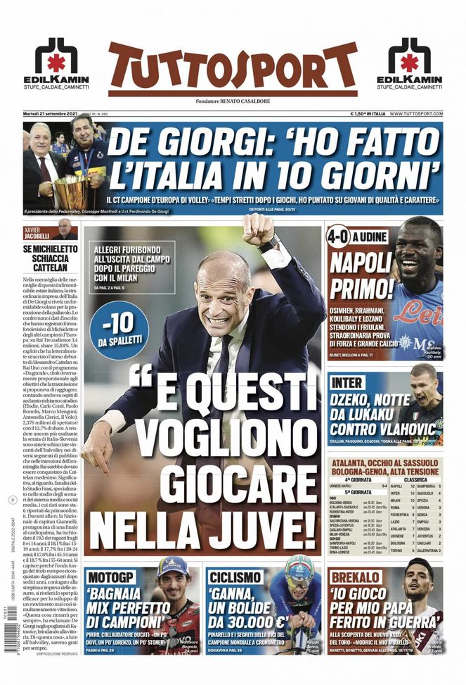 Prima Pagina, Tuttosport: “Allegri furibondo: E questi vogliono giocare nella Juve!” 