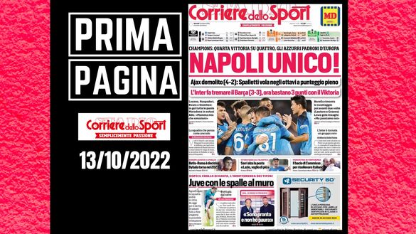 La prima pagina del 'Corriere dello Sport', in edicola oggi, 13-10-2022 Corriere dello Sport