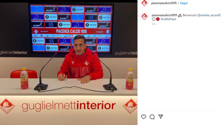 Piacenza, l’ex difensore del Palermo Accardi firma il contratto e posa sui social Palermo