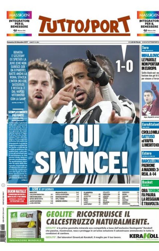 Prima Pagina, Tuttosport: “Qui si vince! Benatia e Szczesny ex spietati. Mihajlovic, le parole non portano in Europa” Prima Pagina, Tuttosport: “Qui si vince! Benatia e Szczesny ex spietati. Mihajlovic, le parole non portano in Europa”