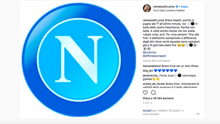 Juventus-Napoli e la sportività di Eros Ramazzotti: “Gli azzurri non hanno rubato nulla” 