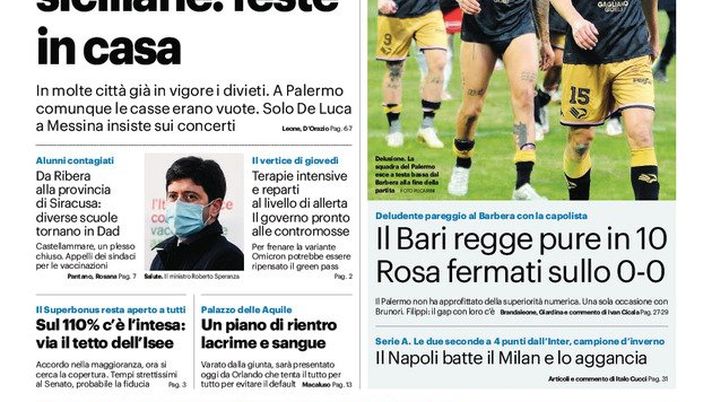 Prima Pagina, Giornale di Sicilia: “Il Bari regge pure in 10. Deludente pareggio” - immagine 1