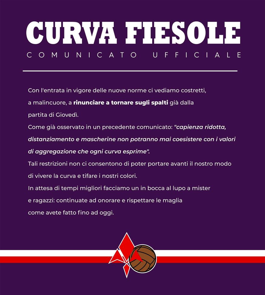 Curva Fiesole, il comunicato: “Non saremo allo stadio con l’Udinese”- immagine 2