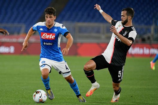 ROME, ITALY - JUNE 17: Miralem Pjanic of Juventus competes for the ball with Diego Demme of SSC Napoli during the Coppa Italia Final match between Juventus and SSC Napoli at Olimpico Stadium on June 17, 2020 in Rome, Italy. (Photo by Marco Rosi/Getty Images) ROME, ITALY - JUNE 17: Miralem Pjanic of Juventus competes for the ball with Diego Demme of SSC Napoli during the Coppa Italia Final match between Juventus and SSC Napoli at Olimpico Stadium on June 17, 2020 in Rome, Italy. (Photo by Marco Rosi/Getty Images)