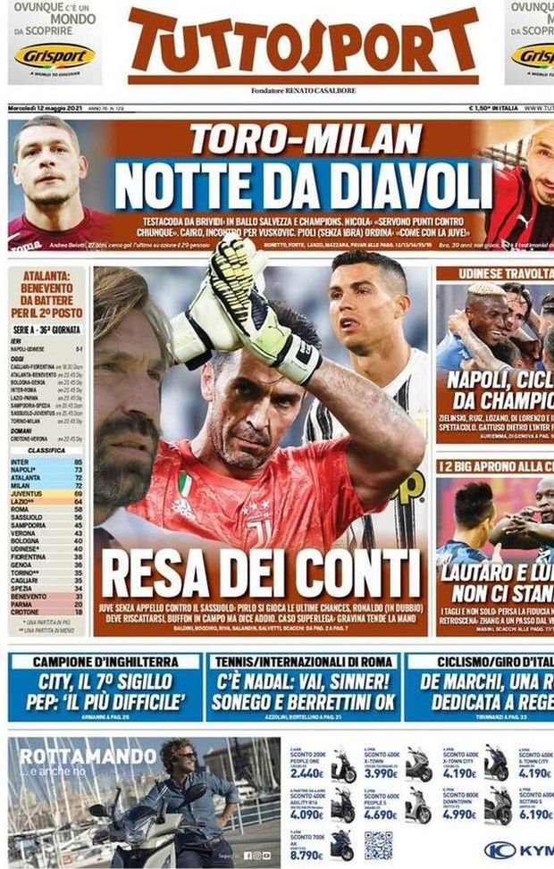Prima Pagina, Tuttosport: “Toro-Milan, notte da diavoli. Resa dei conti. Napoli, ciclone da Champions!” 