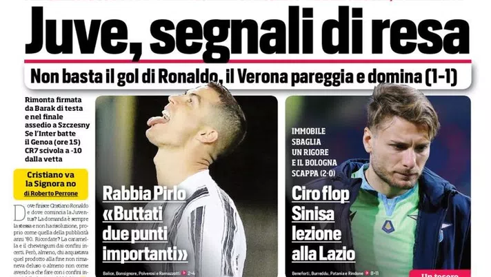 Prima Pagina, Corriere dello Sport: &#8220;Juve, segnali di resa. C&#8217;è Roma-Milan, doppio spareggio&#8221;