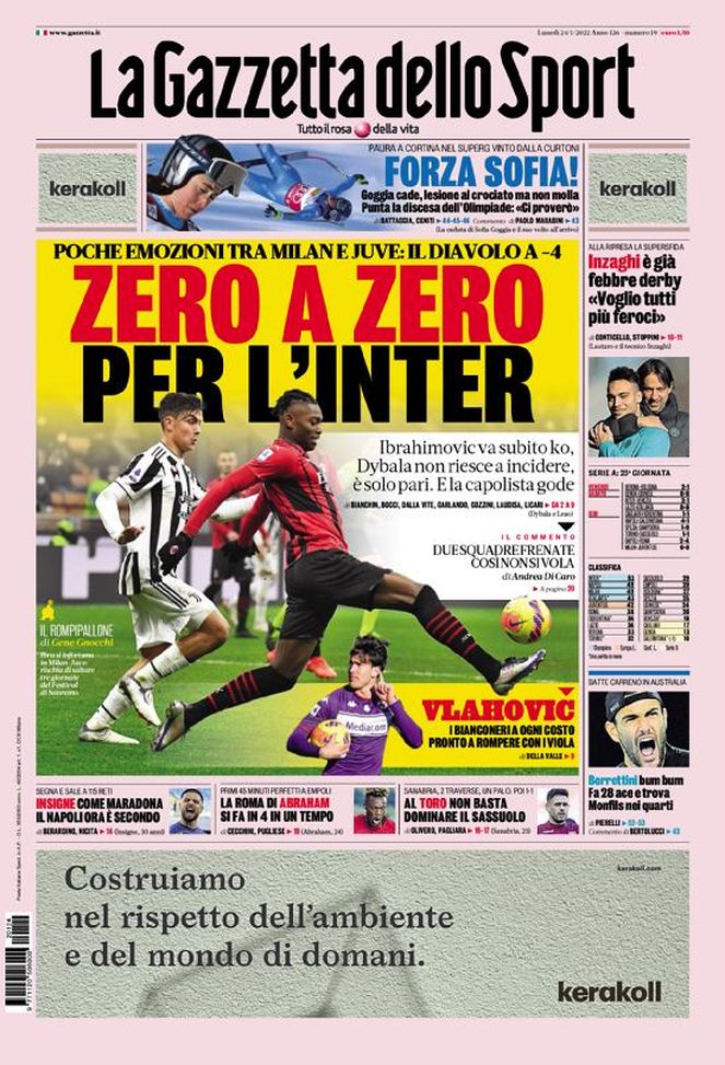 Prima Pagina, La Gazzetta dello Sport: “Zero a zero per l’Inter. Vlahovic…” - immagine 1