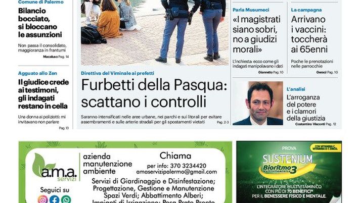 Prima Pagina, Giornale di Sicilia: “La Finanziaria delle imboscate. Boom di casi a Palermo. Furbetti della Pasqua, scattano i controlli” 