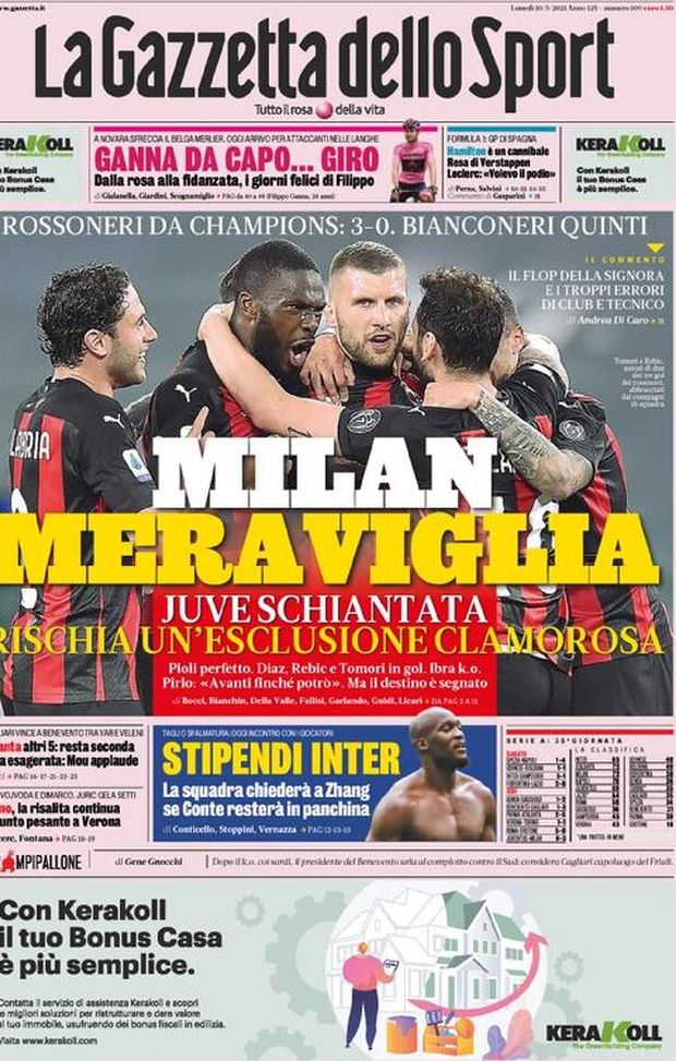 Prima Pagina, La Gazzetta dello Sport: “Milan meraviglia! Juve schiantata”  Prima Pagina, La Gazzetta dello Sport: “Milan meraviglia! Juve schiantata”