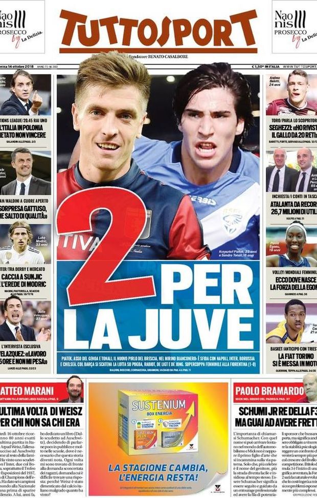 Prima Pagina, Tuttosport: “Due per la Juve. Italia in Polonia, vietato non vincere. Inter, tra derby e mercato…” Prima Pagina, Tuttosport: “Due per la Juve. Italia in Polonia, vietato non vincere. Inter, tra derby e mercato…”