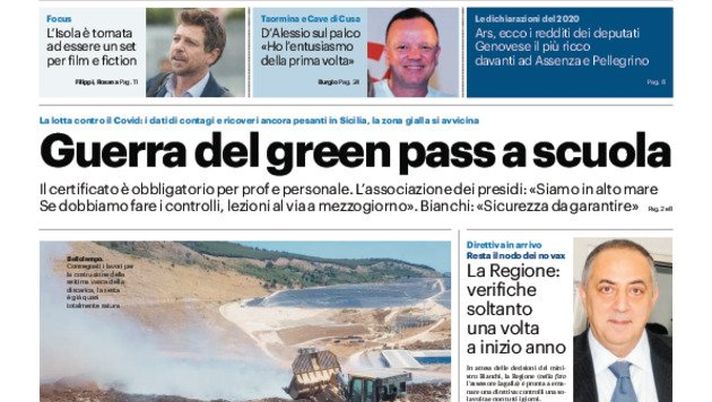 Prima Pagina, Giornale di Sicilia: “Guerra del green pass a scuola” Prima Pagina, Giornale di Sicilia: “Guerra del green pass a scuola”